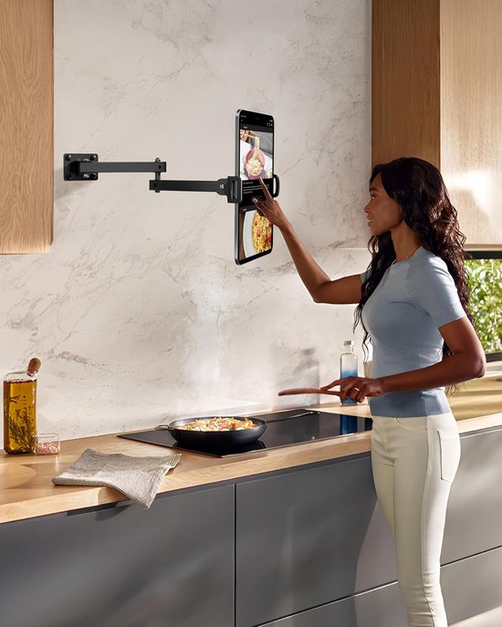 Tabletwandhouder voor 4-13 inch, 360 graden draaibaar, intrekbaar, 10-45 cm, iPad, Samsung Tab houder, muur voor zakelijk en thuis, trainen in de woonkamer en koken in de keuken (zwart) — afbeelding 4