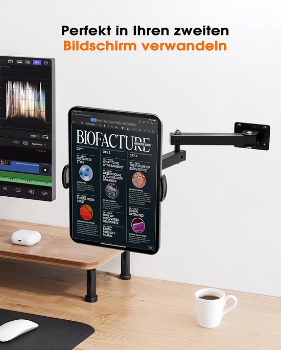 Tabletwandhouder voor 4-13 inch, 360 graden draaibaar, intrekbaar, 10-45 cm, iPad, Samsung Tab houder, muur voor zakelijk en thuis, trainen in de woonkamer en koken in de keuken (zwart) — afbeelding 2