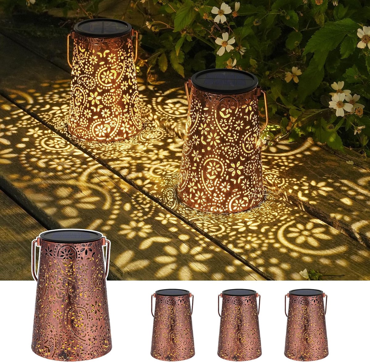 4 stuks paisley zonnelampen voor buiten in de tuin, hangend, 15 lm led, warmwit, zonnelantaarn voor buiten, IP65 waterdicht, metalen lantaarns op zonne-energie voor balkon, camping, kerstdecoratie