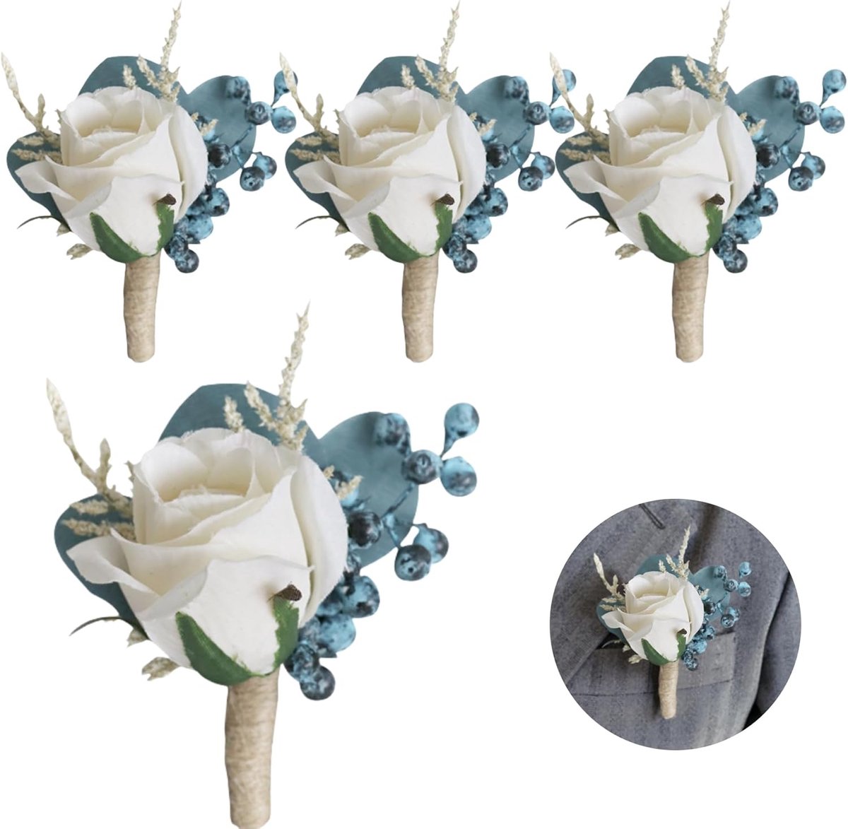 4 stuks pauwblauwe kunstroos voor heren, Boutonniere, bruid en bruidegom, bruidsmeisje, Corsage, huwelijksceremonie, jubileum, diner dans bloemen decor met pin voor kostuumjurk