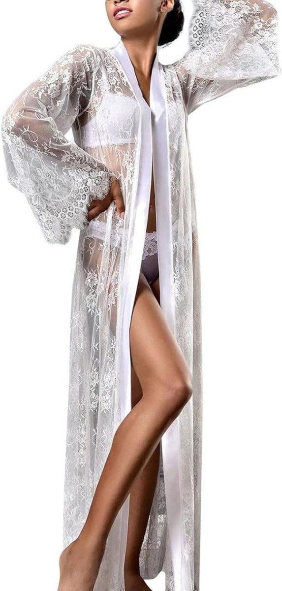 Lange badjas, kimono, kant, dames, nachthemden, sexy blouse, transparante badjas, bruid, elegante V-hals, lingerie, bedekking, bikini, riem, satijnen pyjama voor vrijgezellenfeest, bruiloft,