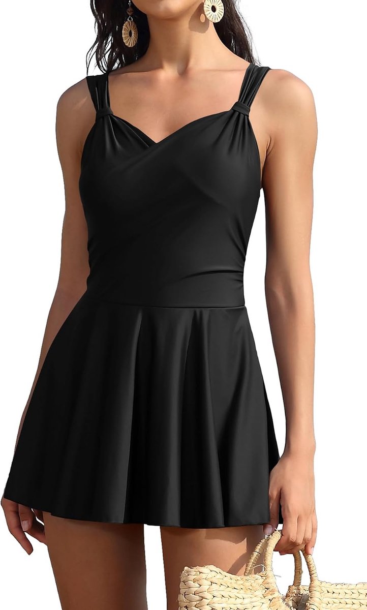Elegant eendelig zwempak voor dames, V-hals, crossover zwemjurk met binnenslip, buikweg, plooien, badpak, dubbele schouderbanden, zwemrok, grote maten, tankini