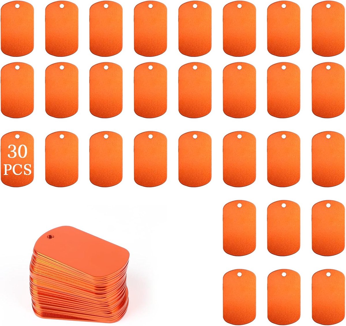 30 stuks gepersonaliseerde hondenpenners, oranje, militaire badges zonder ketting, gegraveerde hondenpenningen, blanco, van aluminium, voor knutselwerk, halskettingen