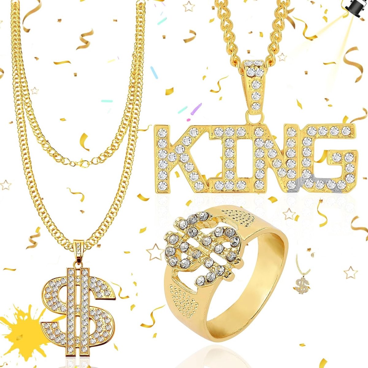 Hip Hop Kostuum Set met Dollar Ketting, Zonnebril en Gouden Ring - 80s en 90s Rapper Accessoires voor Mannen en Vrouwen, Perfect voor Feesten en Themed Events