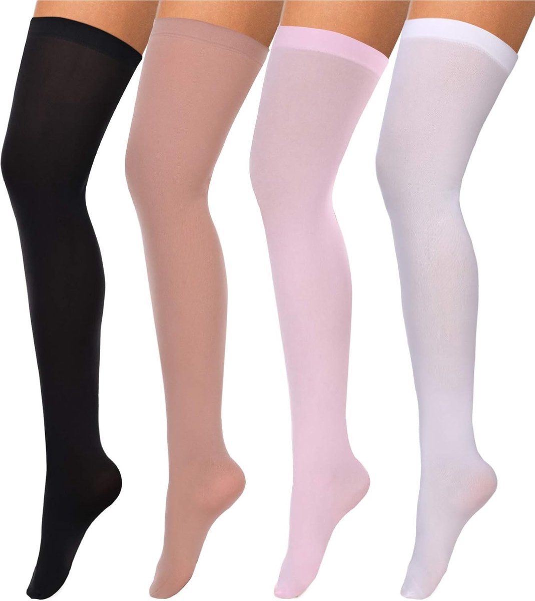 4 Paar Dames Zijde Thigh Stockings, Nylon Kousen voor Halloween Cosplay, Feestaccessoire in Zwart, Wit, Huidskleur en Roze, Medium Maat