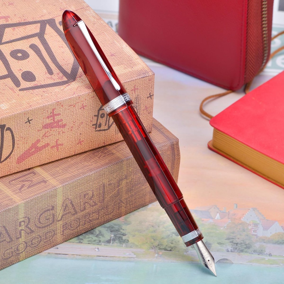 Elegante V60 Driehoekige Piston Vulpen met EF Nib, Transparant Rode Hars Schrijfpunt en Cadeauverpakking voor Schrijfliefhebbers