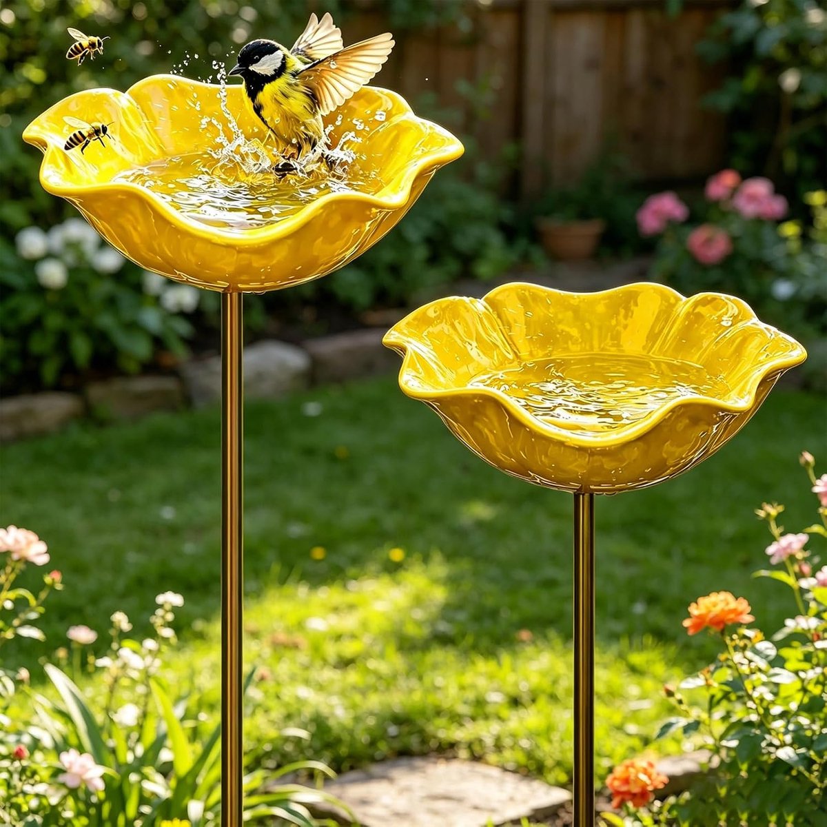 SnelShoppen - Vogelbad Staand 2 Stuks Waterbad voor Vogels, Handgemaakte Bloemenvorm, Vorstbestendig Metaal, Insectenbak en Bijendrinkbak voor Tuin en