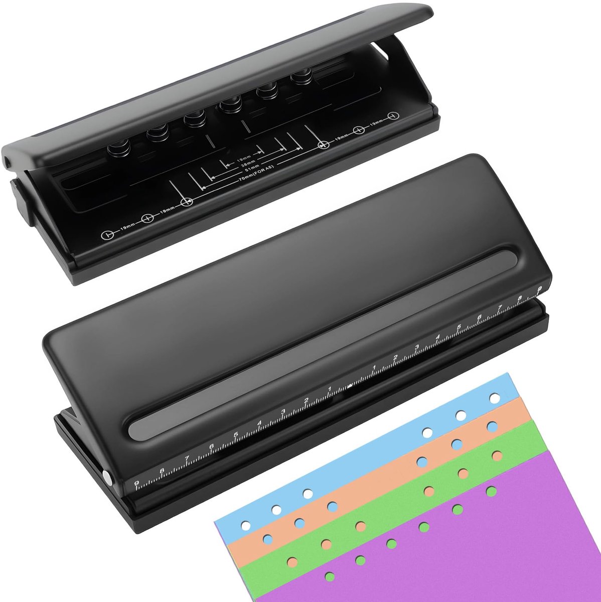 SnelShoppen - 6-gaats perforator met schaal, verstelbaar voor A4/A5/A3, ideaal voor Filofax, ringband, planner, kantoor, school, sterk, duurzaam, zwar