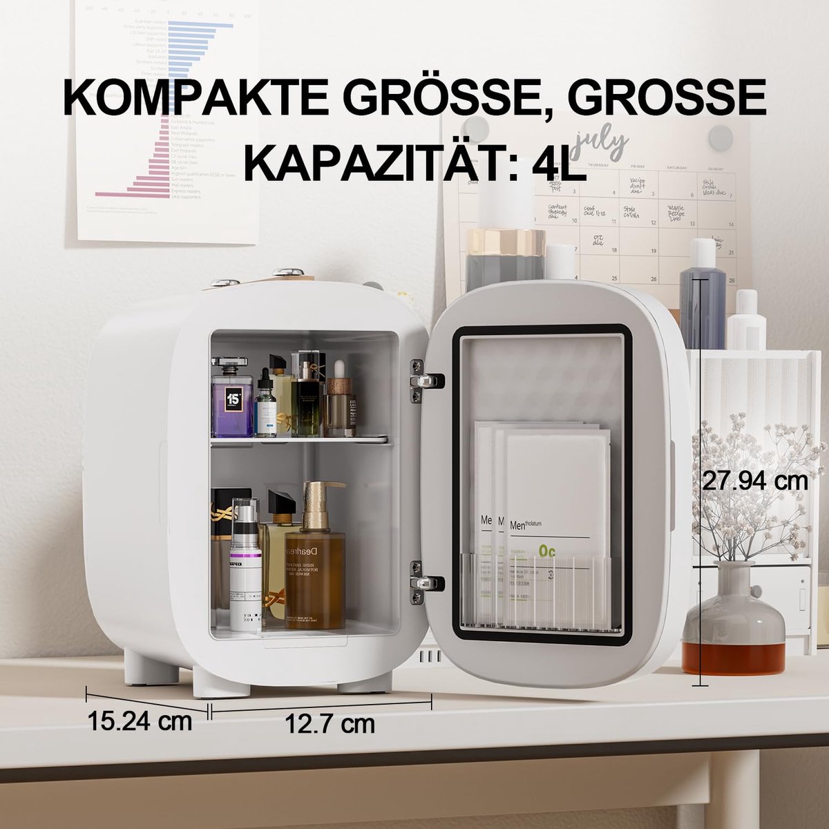 SnelShoppen - LIGIANT DF01A Mini-koelkast Skincare met LED-spiegel, Geluidsarm, Koud- en Warmfunctie, 4 L, Mini koelkast voor Slaapkamer, Kantoor en A