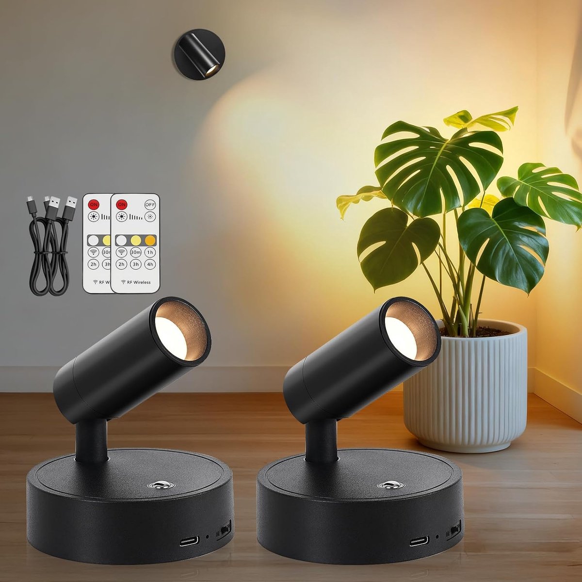 SnelShoppen - Led-spots Accu Wandlampen Zwart 2 Stuks USB Oplaadbaar Met Afstandsbediening 3 Kleuren Draadloos Voor Binnen Plantenspots Fotoverlichtin