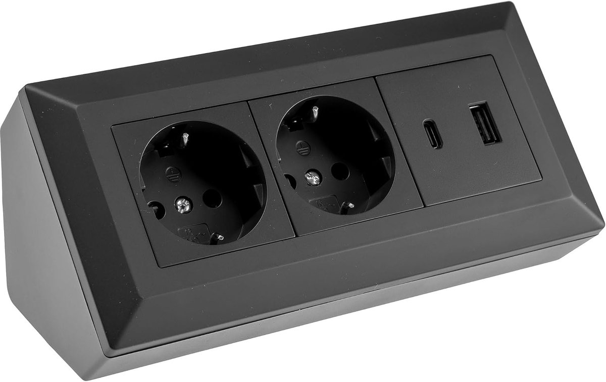 Stekkerblok hoekstopcontact 2-voudig geaard stopcontact USB-A USB-C zwart | Stopcontactblok, 230 V, stroomverdeler voor keuken, werkplaats, kantoor
