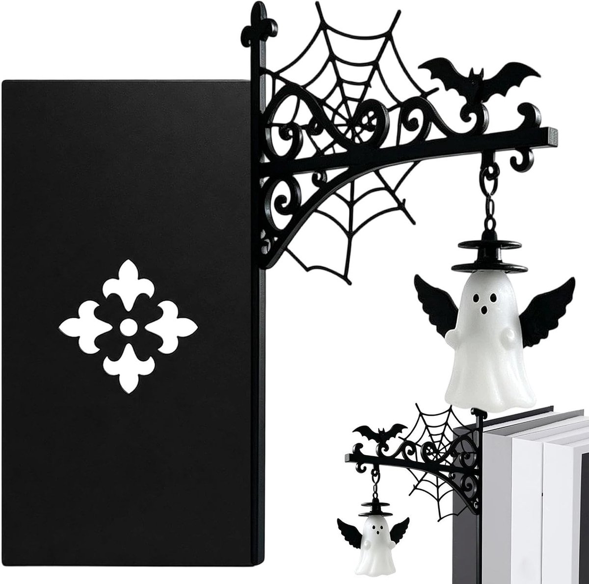 Boekensteun metaal - Bibliotheeklantaarn - Boekensteun met Lamp - Retro Leesnachtlampje - Decoratieve Boekenplankver - boekenhoeklamp - Warme Tint - Uniek cadeau voor boekenliefhebbers - Spook met een hoed -voor bibliotheekthema/Halloweenversieringen