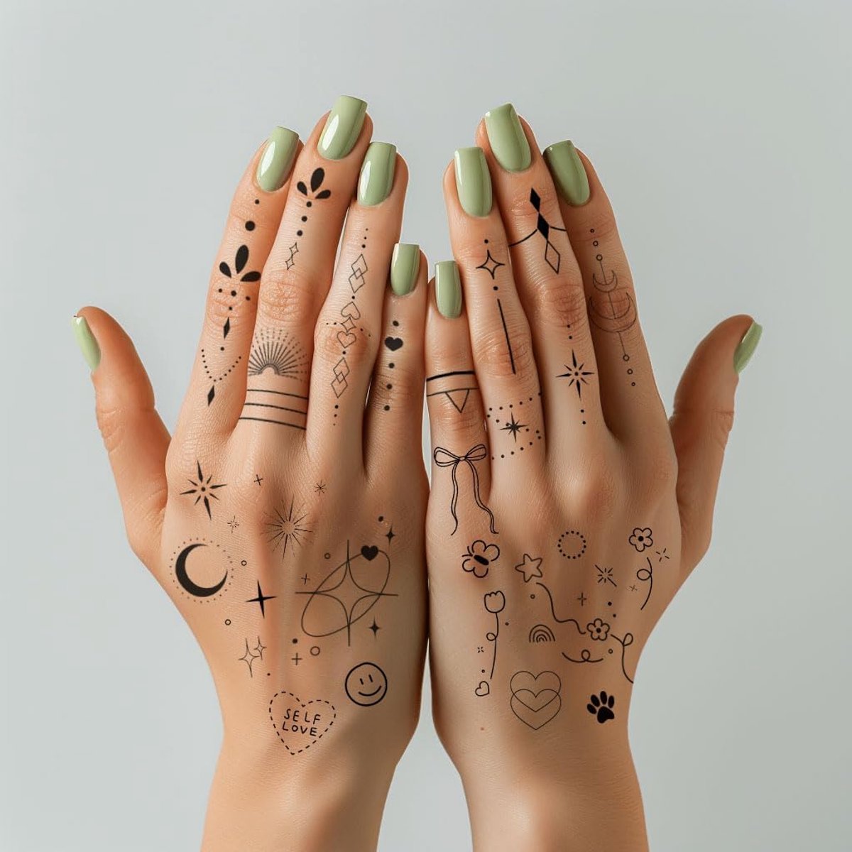 Tijdelijke tatoeages voor vrouwen, kleine vingertatoeages, fijne lijnkunst, schattige bloemen, doodles, boho-stijl, decoraties, kleine neptatoeages, kit met tinnen doos voor kinderen