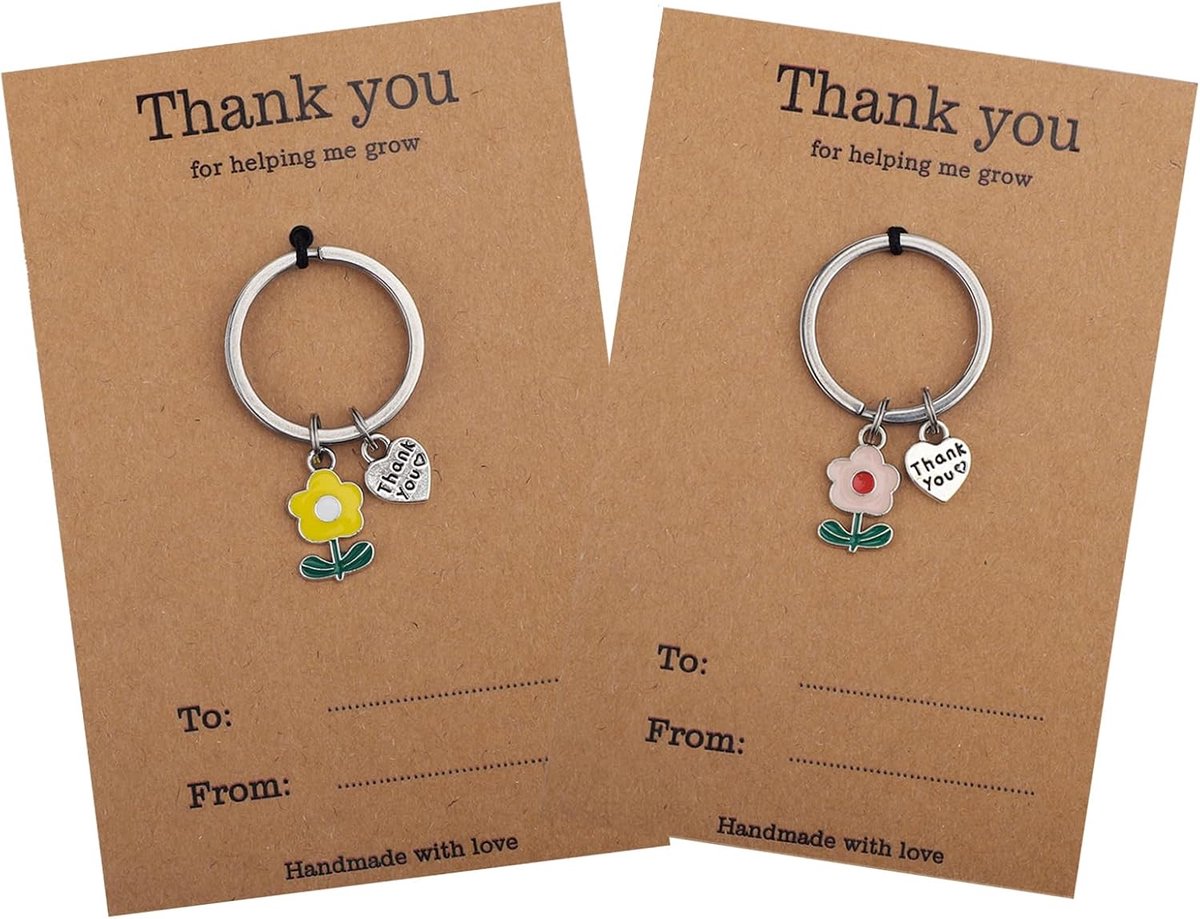2st Sleutelhanger voor Leraar, Hart Bloem Cadeaus voor Waardering van Leraar Thank You for Helping Me Grow Valentijnscadeaus voor Leraar Vrouwen Kerstmis Thanksgiving (Geel, Roze)