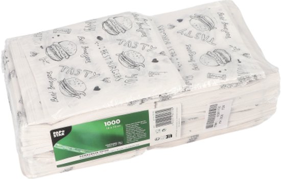 Een stapel van 1000 papieren zakjes, wit met hamburger opdruk, verpakt in plastic.