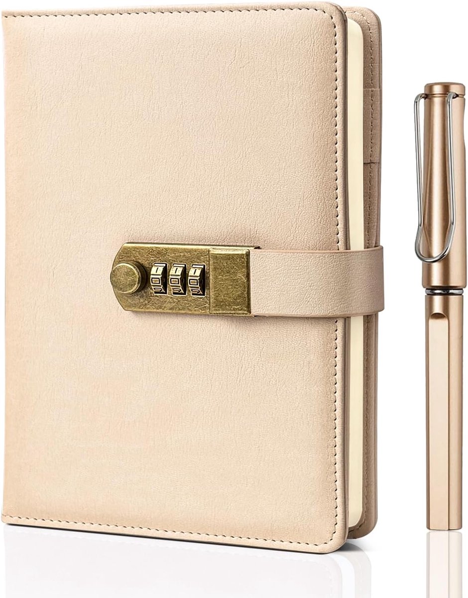 Dagboek met slot,A5 PU-leren notitieboek voor meisjes,vrouwen,mannen,volwassenen en studenten,Navulbaar vintage dagboek met slot en pen,Ideaal voor notities,21 x 15 cm (Beige)