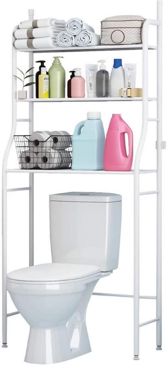 Badkamerplank Boven Wit Toilet | Bespaar Ruimte met 3 Planken | Waterdichte Opbergplank | In Hoogte Verstelbare Poten (E5477)
