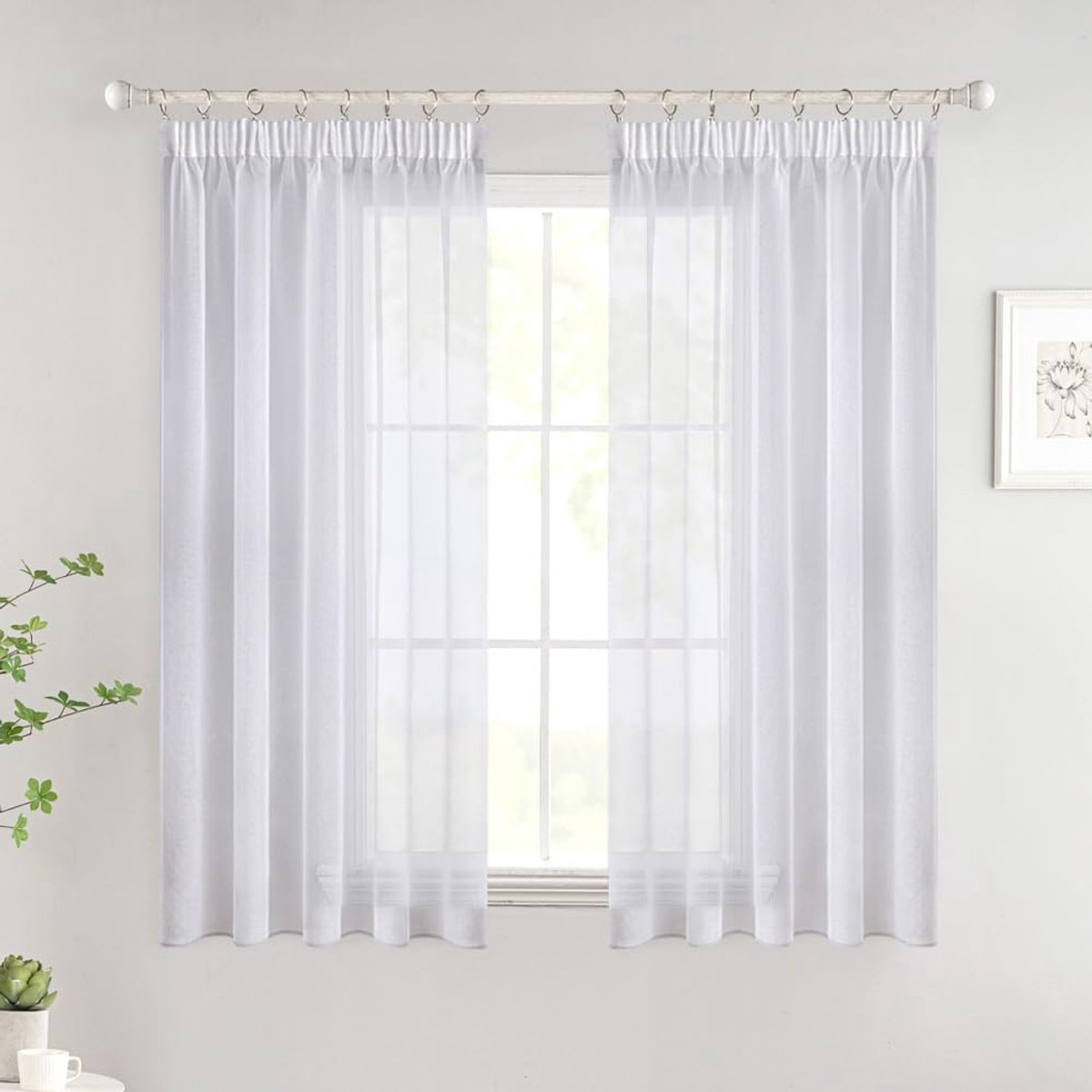 korte transparante gordijnen, vitrage met plooiband, moderne decoratieve gordijnen voor slaapkamer, woonkamer, huis, set van 2, 140x122cm, wit