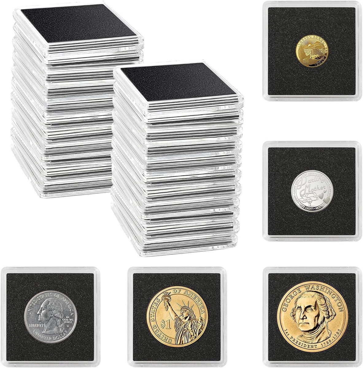 Muntenhouder 40 mm, munthoezen, 20 stuks muntenetui om in te drukken, muntenetui, zilveren dollar, muntcapsules, verstelbaar met sponzen, 17/20/25/27/30/33/38/40 mm munthoesjes