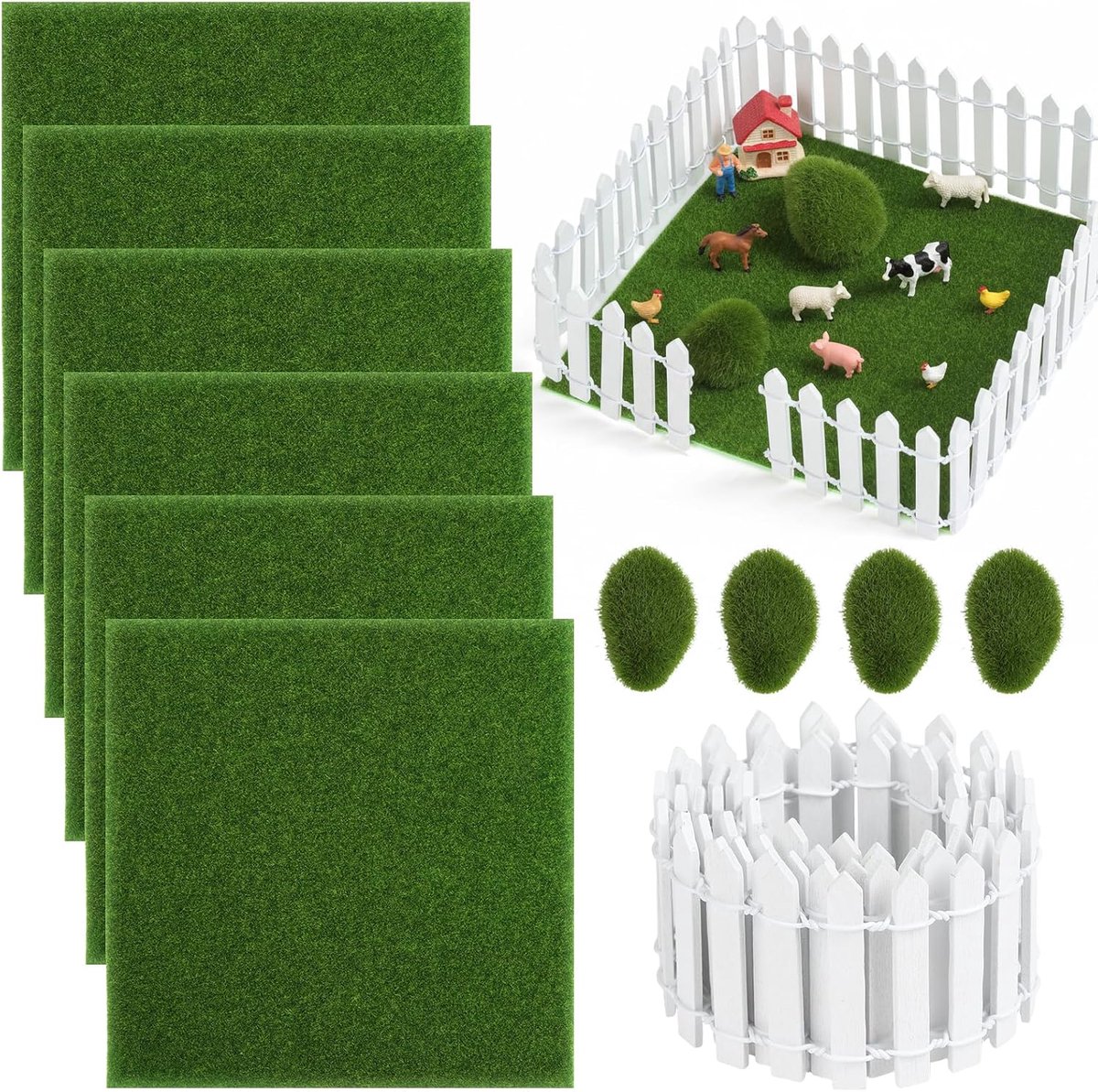 Kunstgras, 6 stuks, 15 x 15 cm, om te knutselen, met houten miniatuurhek van 90 x 5 cm en 4 mosgewaxte stenen, miniatuurtuinset voor kaboutertuin, model landschapsarchitectuur, desktopdecoratie