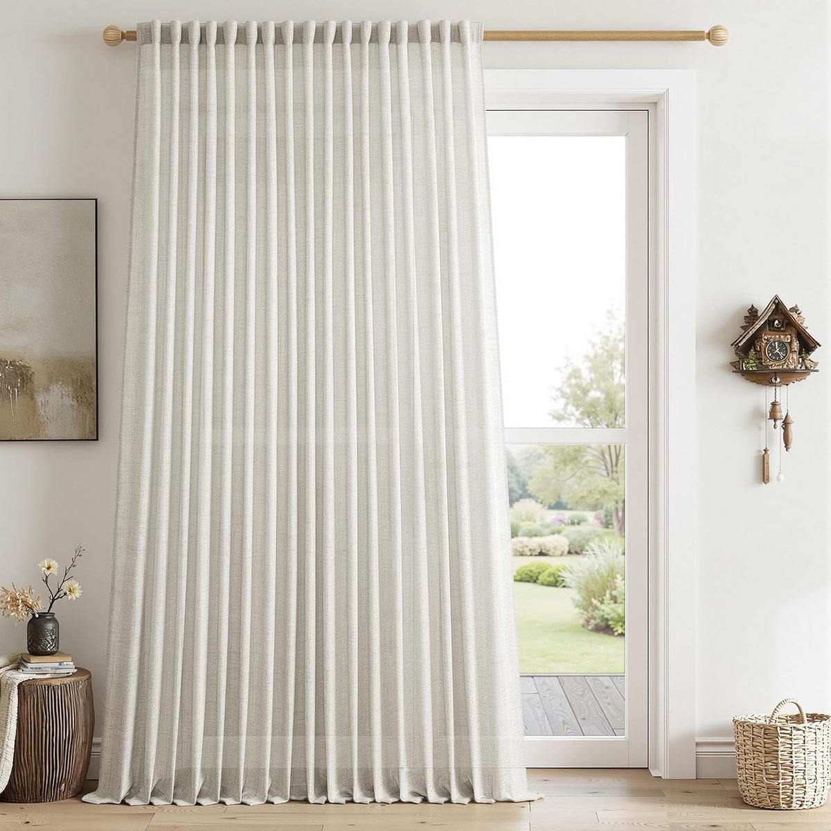 1 stuk extra brede gordijnen, beige, semi-transparant, 240 x 200 cm (h x b), gordijnen, linnenlook, plooiband, gordijn, woonkamer, slaapkamer, voor grote ramen