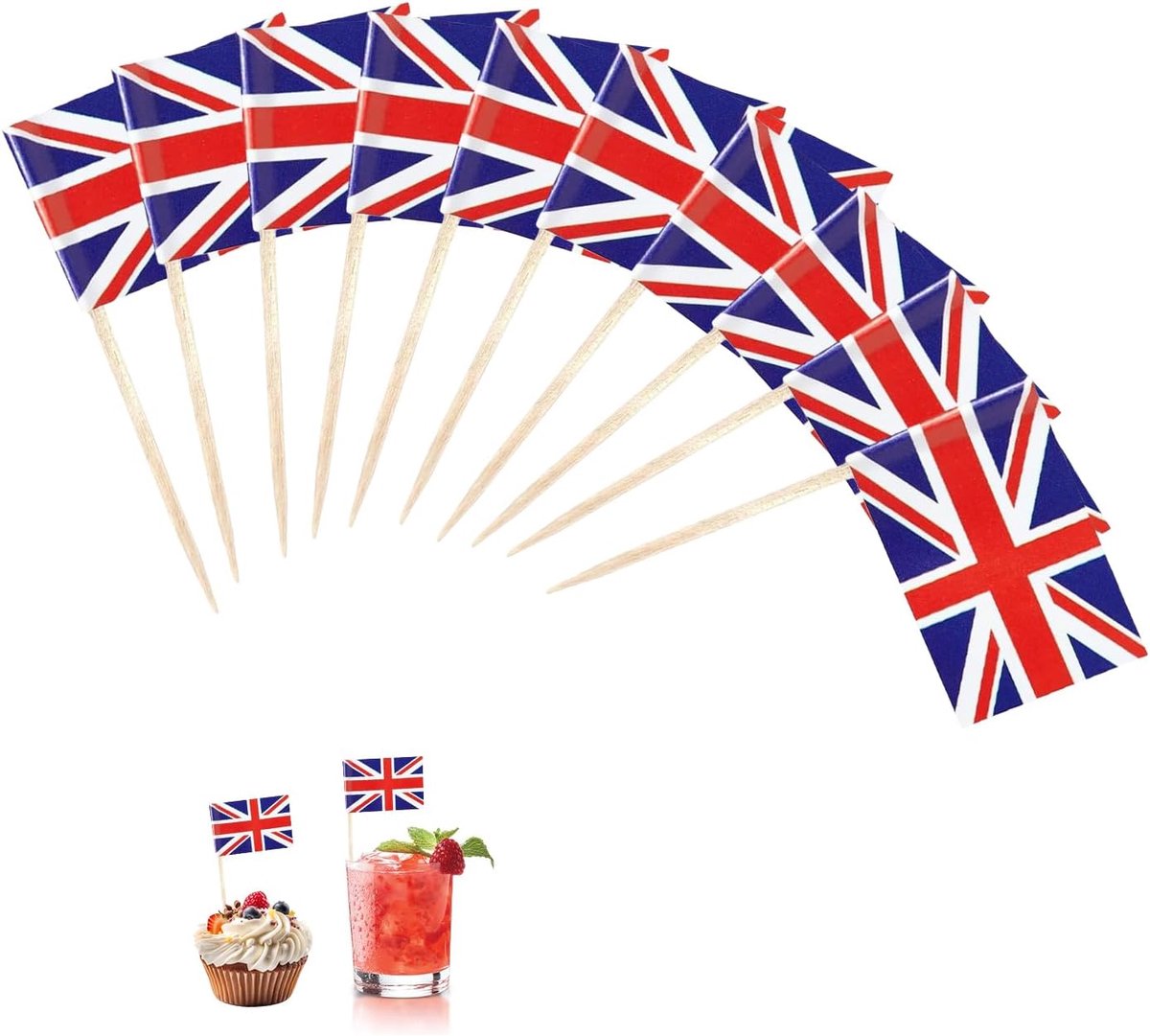 100 stuks Union Jack vlag tandenstokers, UK decoratie, Britain vlaggen, spiesen, Groot-Brittannië, decoratieve vlag, mini-cupcake-toppers, tandenstokers met vlaggen, cocktailstokvlaggen voor feest