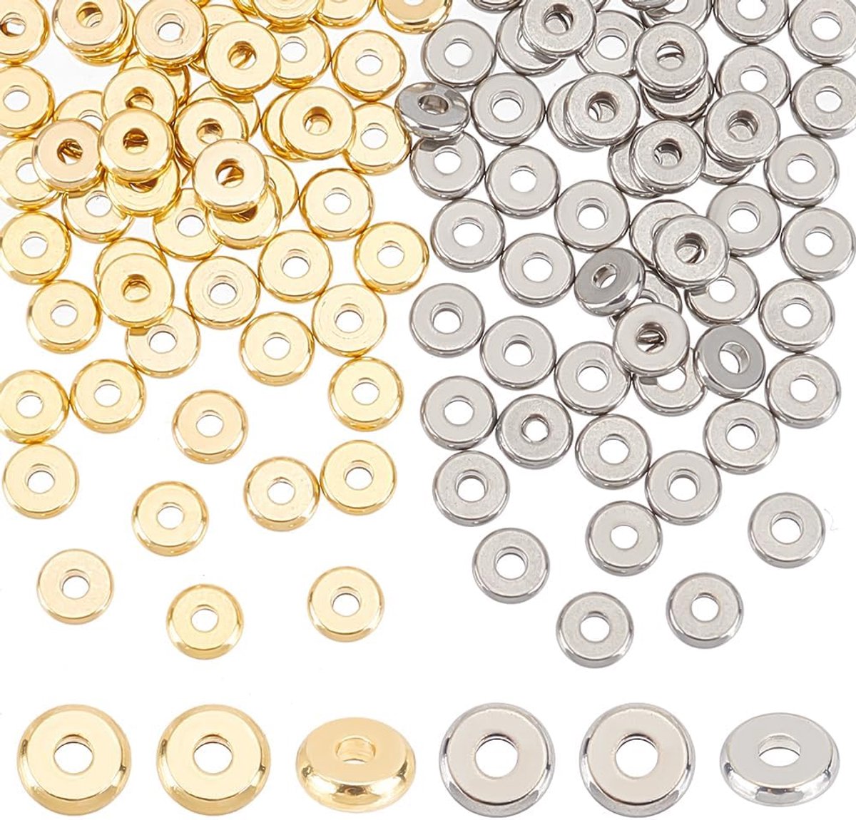 Ongeveer 120 Stuks 2 Kleuren Platte Ronde Kralen Roestvrijstalen Schijfkralen Ronde Afstandhouders Losse Ronde Kralen voor het Zelf Maken van Sieraden, Gat 1,2 mm