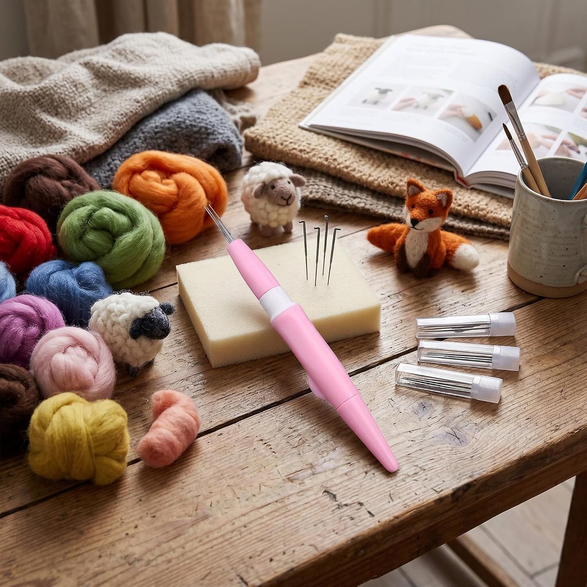 ponspen wolvilt benodigdheden borduurpen met 3 fijne naalden set gereedschap voor DIY handwerk (roze)