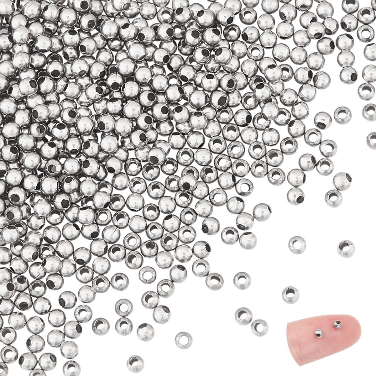 Ongeveer 500 stuks ronde afstandskralen van roestvrij staal, 2 mm, kleine afstandhouders, losse kralen, metaal, glad, voor het maken van armbanden, halskettingen, sieraden, gat: 0,8 mm