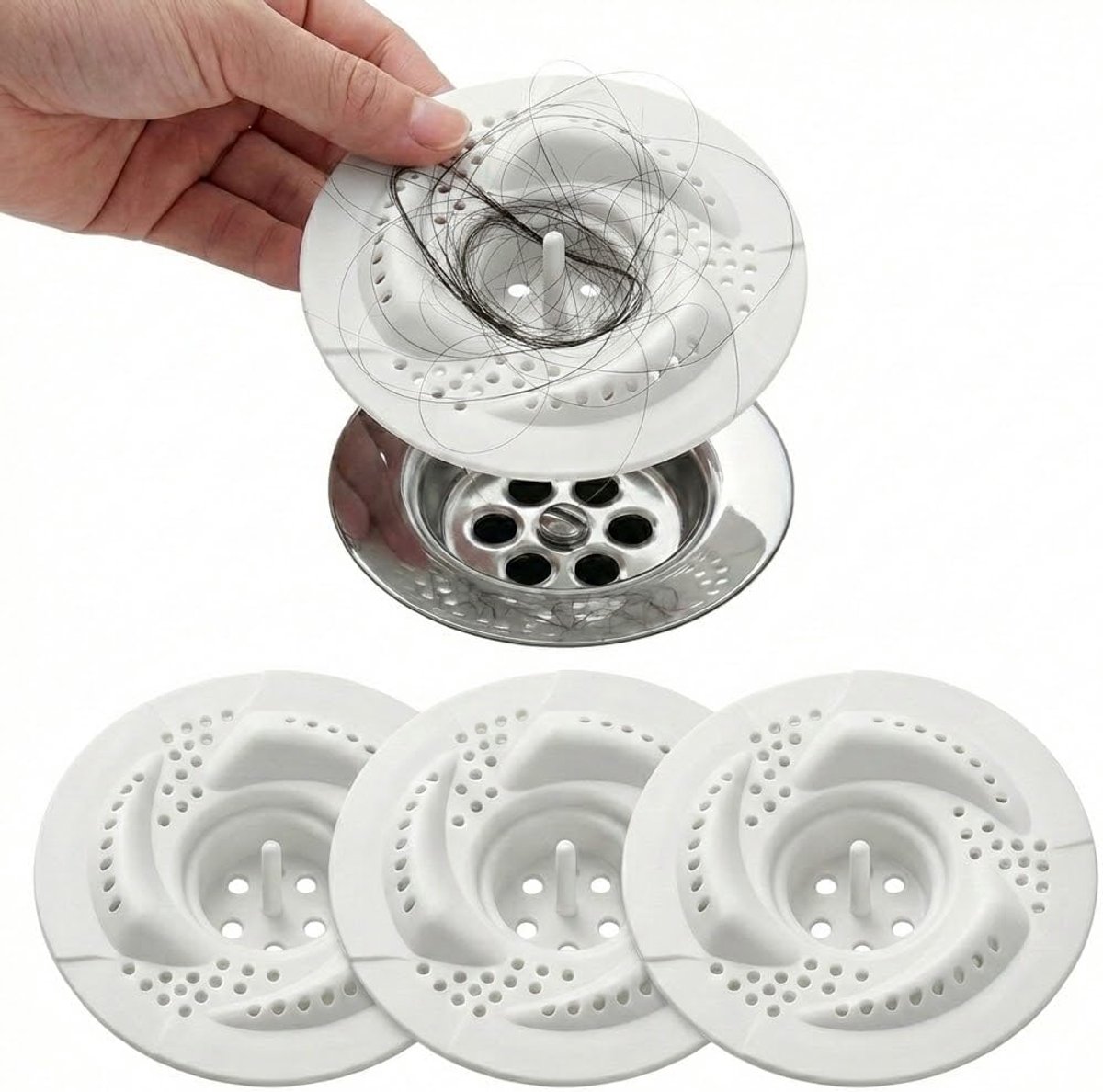 Set van 4 haarfilters voor douche en gootsteen – Anti-haar doucherooster met verwijderingsstang – Universele haarvanger voor de douche (7,6 cm) – Bescherming tegen vuil en roest vo