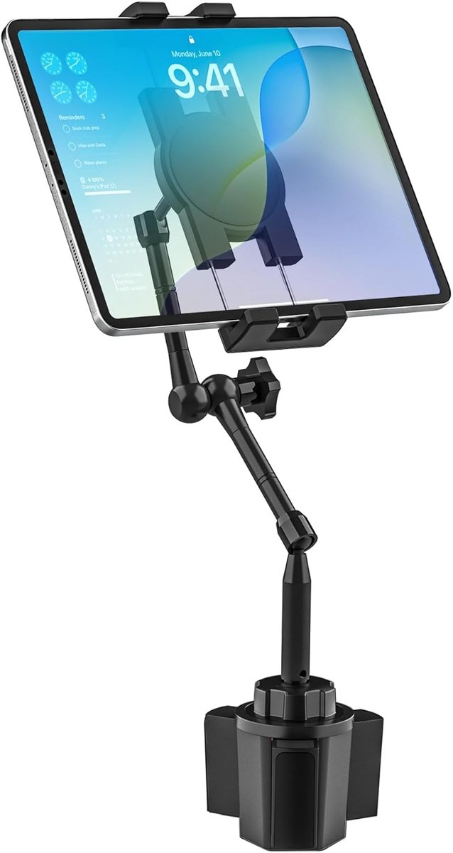 Tablethouder in bekerhouder voor in de auto, lange metalen arm, 360 graden verstelbaar,houder voor iPad, Galaxy Tab, Fire, iPhone