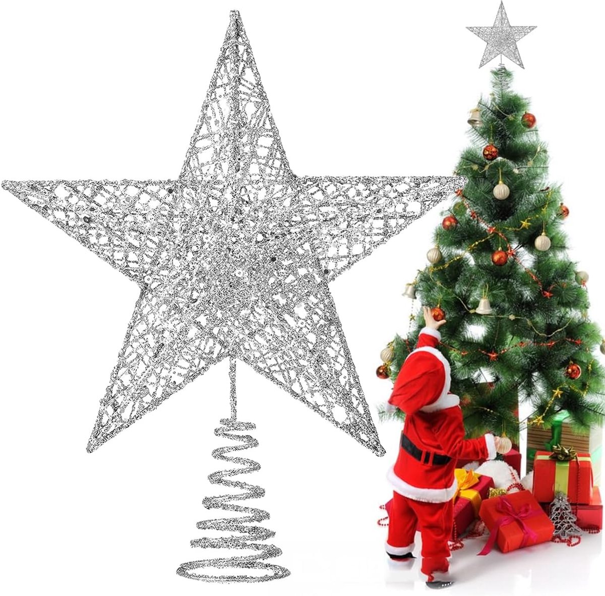 Kerstboompiek in zilver: elegante zilveren kerstboompiek van metaal, fonkelende 3D-kerstboompiek met glitter, vederlichte dennenboompiek voor de perfecte feestdecoratie