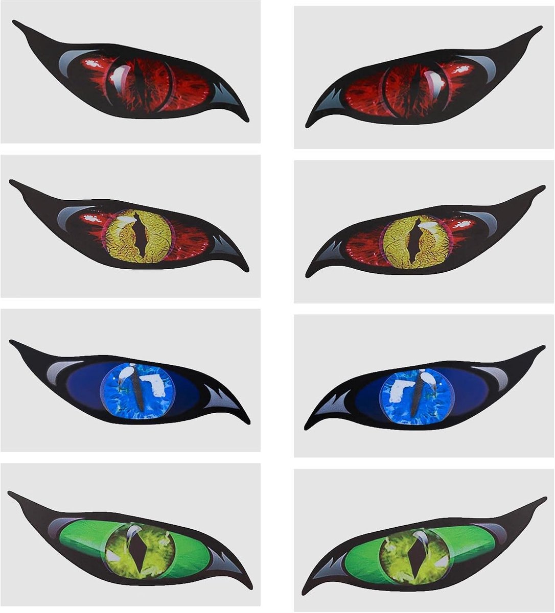 4 Paar Auto Boze Oog Stickers PVC Auto Sticker Sticker Reflecterende Motorfiets Auto Decoratie Stickers Voorruit Decoratie 15x5.7cm Rood Blauw Groen Geel