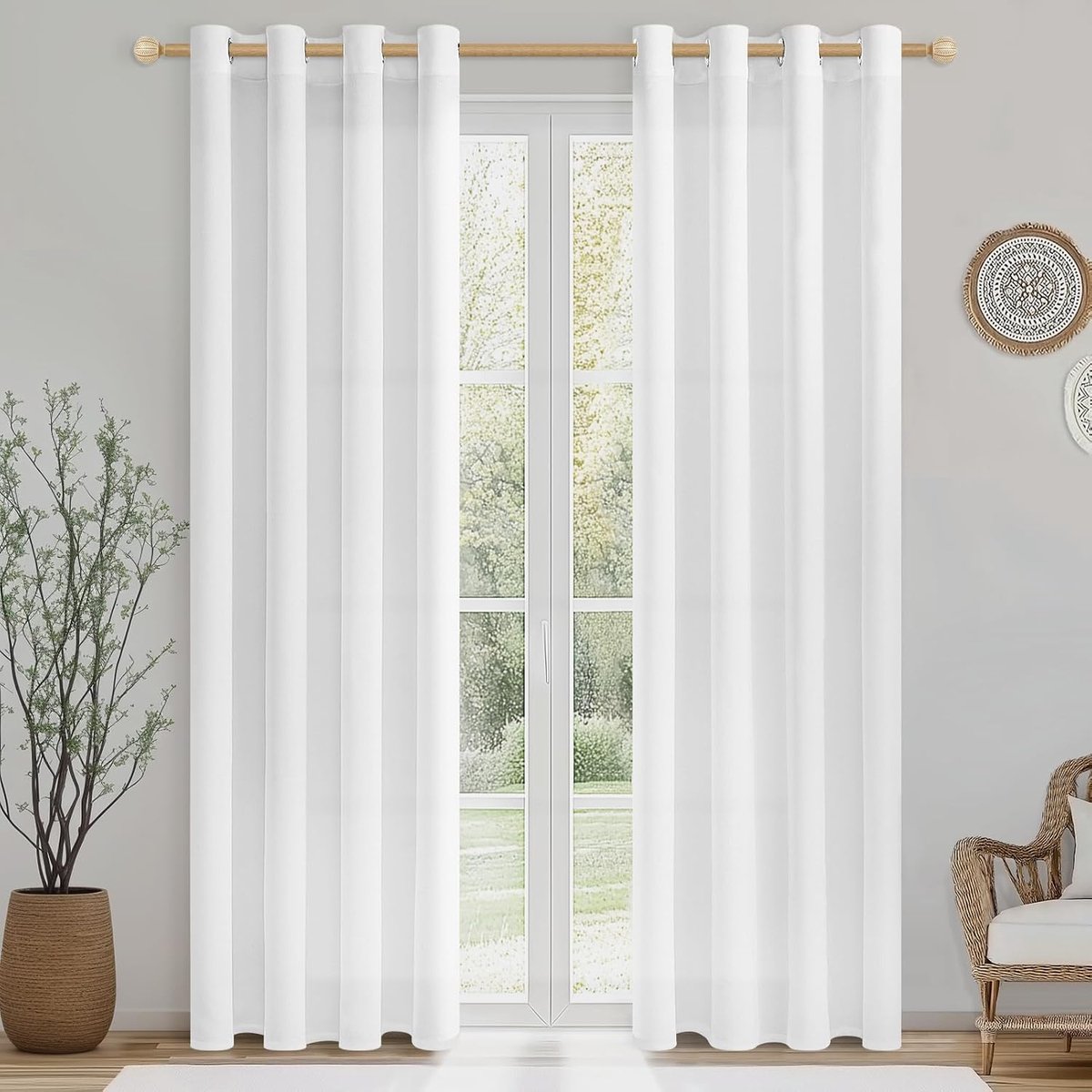 Moderne gordijnen in linnenlook, half-transparant, met ingestanste ringen, woonkamer, set van 2, 215 cm lang, 140 cm breed, wit, kinderkamer, slaapkamer