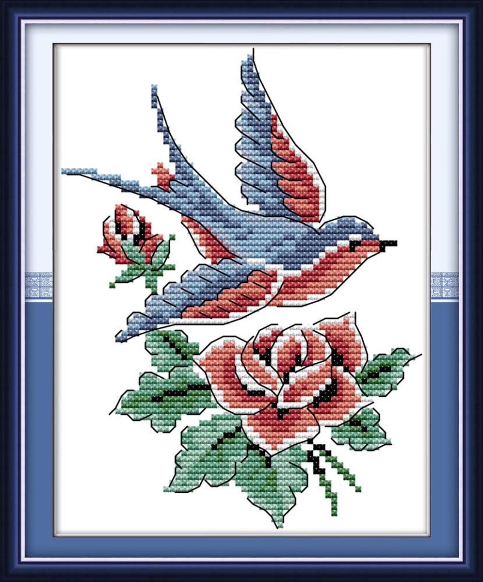 Borduurpakket Met Gestempelde Kruissteek, Complete Lijn van Voorgedrukte Starterspakketten Voor Beginners - Vogels 20 x 25 cm