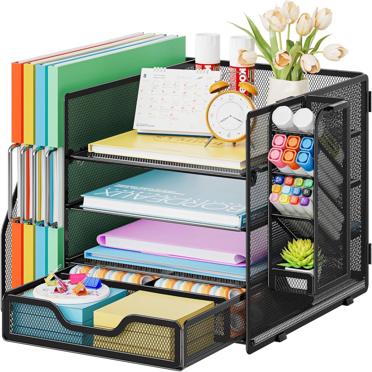 Metaalgaas Bureauorganizer, 4-laags Documentenhouder met Lade, Multifunctionele Bureau Papier en Briefbak met Pennenhouder,voor Kantoor, Thuis en School (Zwart)