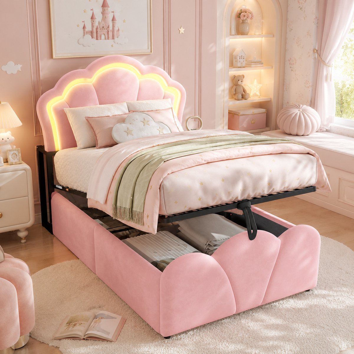 Eenpersoonsbed 90x200 cm - Gestoffeerd bed 90x200 cm - Opbergbed - Met LED-verlichting - Met stopcontact - Hoofdbord met opbergruimte - Roze