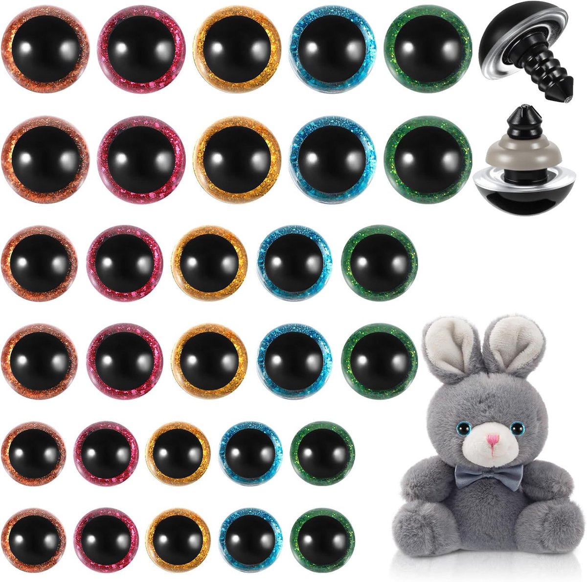 Ogen voor haakdieren, 12 mm/16 mm/18 mm, glitter, veiligheidsogen, kunststof ogen voor haakdieren met sluitringen, Amigurumi-haken, knutselwerk, viltfiguur