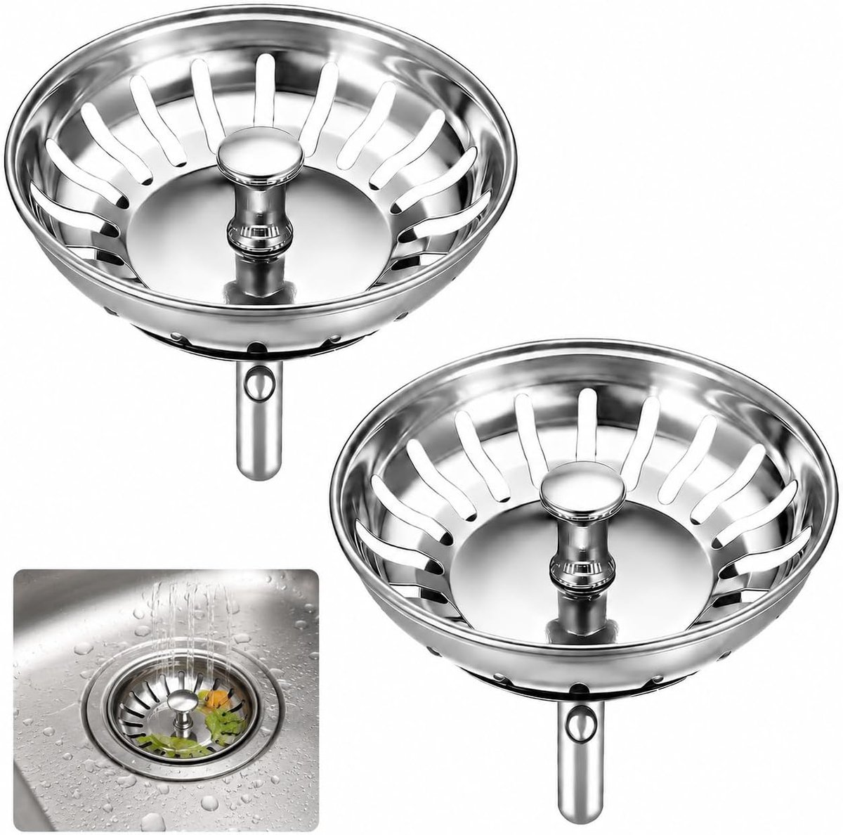 2 stuks gootsteenstoppen 82 mm, roestvrijstalen gootsteenstop met zeefmand voor gootsteen, wastafelstop en afvoerstop, vaatwasmachinebestendig, accessoires voor keukenspoelbakken