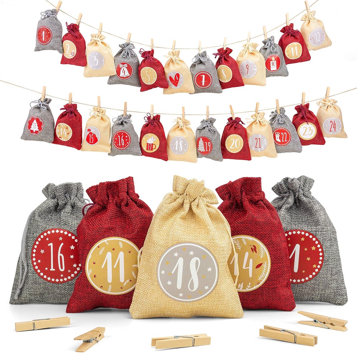 Adventskalender om te vullen, 24 stuks, kerstkalender 2023, jute zakjes, 15 x 12 cm groot, kerstdecoratiezakjes, cadeauzakjes met individuele designs, rood