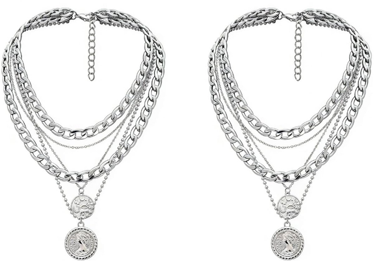 dikke ketting, hanger van meerlagig mysterieus figuur met gegraveerde munt, dikke choker voor dames en meisjes (zilver)