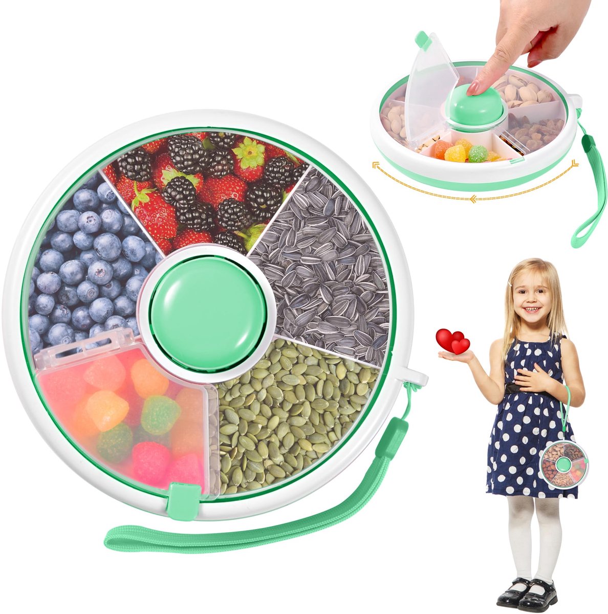 Spinner Kindersnackbox met Compartimenten Rond Herbruikbare Snackorganizer Snacks Meloen Snoep Zaden Fruitorganizer