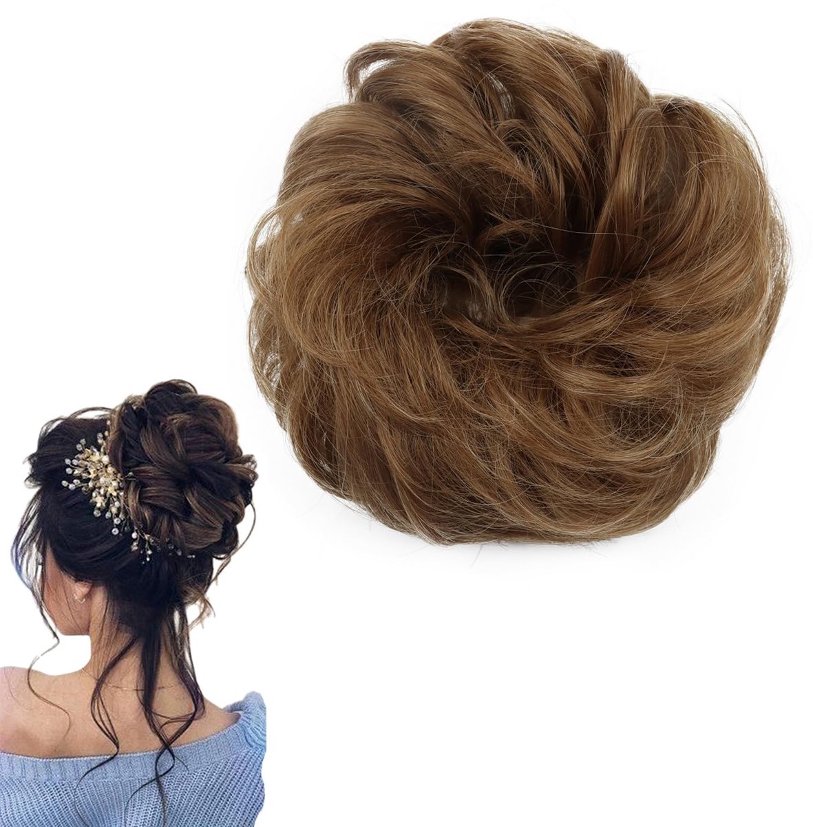 prinfantasy Haarstukje, haarelastiek, opgestoken kapsels, bruidskapsels, volumineus, licht golvend, rommelige knot, bruin, FQ028