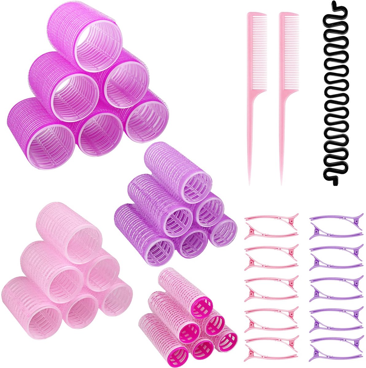 47 stuks krulspelden, grote krullen, 4 maten, haarrollerset, zelfklevende haarkrullers met eendenbek, snijclips, haarspelden voor lang, middelgroot en klein haar, salon, barbier