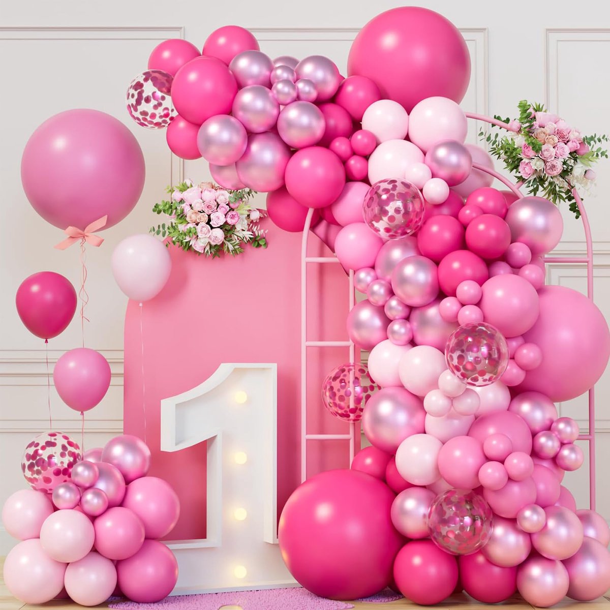 Set met roze ballonnenboog - 115 stuks felroze ballonnenslingerset met roségoudkleurige ballonconfetti-ballon, rozerode ballonboog voor prinsessen, verjaardagsdecoratie, vrouwen, babyshower, verloving