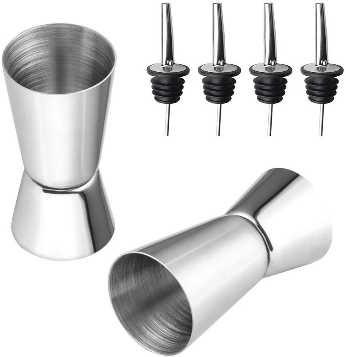 2 stuks Spirit Meet 25 ml 50 ml, roestvrijstalen schot maatregel dubbele jigger dubbele geest maatbeker cocktail jigger met 4 stuks Freeflow schenker voor Bar Party Wijn Cocktail Drink Shaker