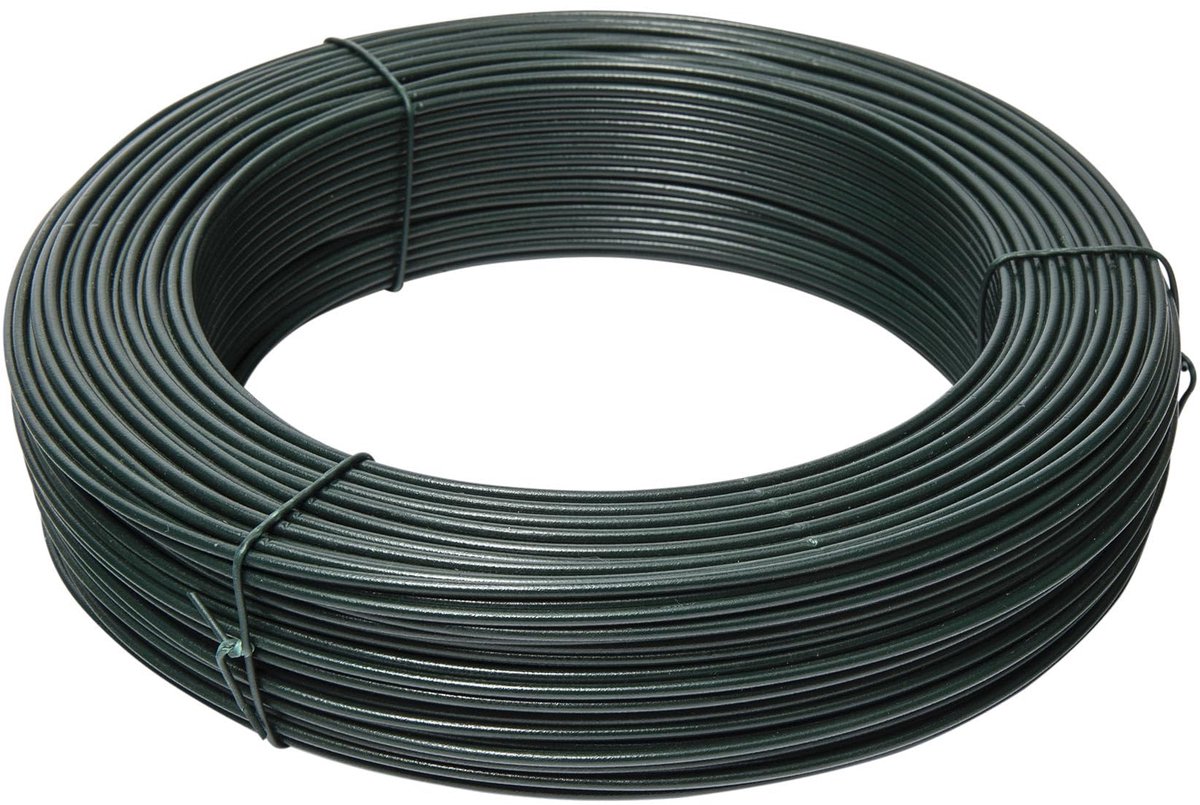 PRO Groen gelamineerde ijzerdraad met houder, 50 m spoel, doorsnede 1,2 x 1,6 mm, perfect voor bevestiging, bevestiging of omheining in de tuin, biedt duurzaamheid en flexibiliteit