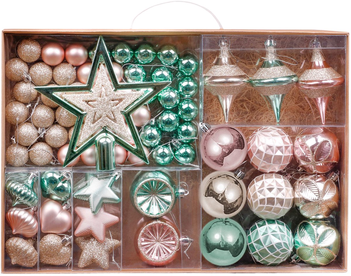 Madelyn 70st mintgroen, goud en roze kerstballen, plastic kerstboom opknoping ornament, onbreekbare kerstboom ster ornamenten, kraftpapier inwikkeling