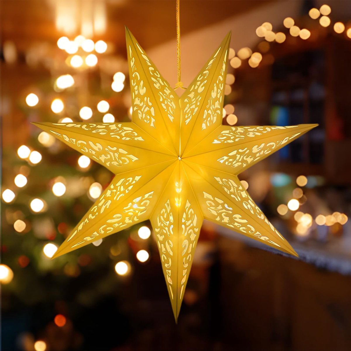 Kerstster verlicht, 45 cm, 3D opvouwbare papieren ster, hangende kerstster, verlicht, kerstdecoratie, voor binnen, papieren ster, verlichting, kerstfeest, ster, lichtketting (vorm)