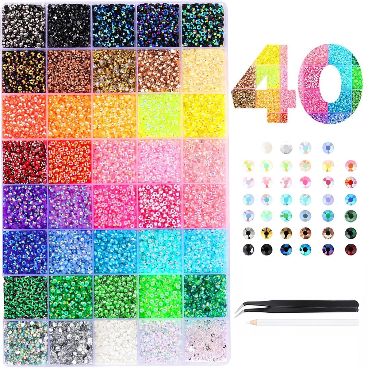 strass-steentjes, 40 kleuren, 32.000 stuks, 3 mm, voor nail art en doe-het-zelf